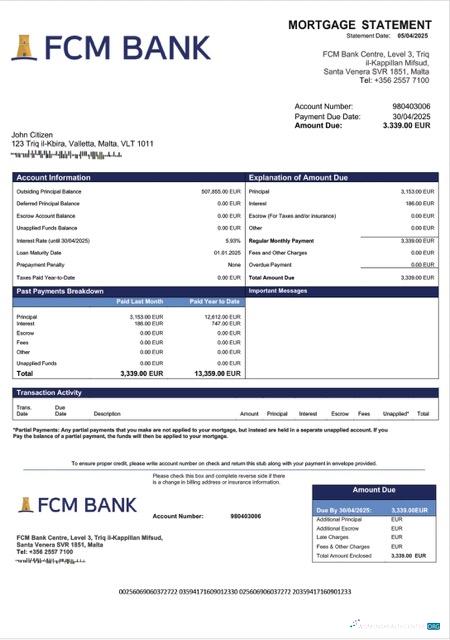 Download Malta FCM Bank mortgage statement Word and PDF template Photoshop template